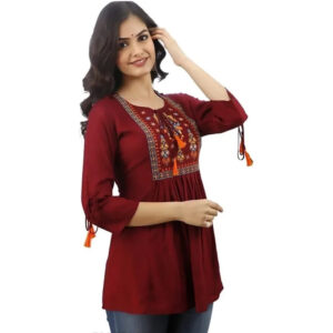 Women Rayon Emb Stylish Maroon Top & Tunics