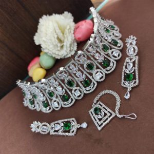 Americian Diamond Necklace With Earring And Mangtika
