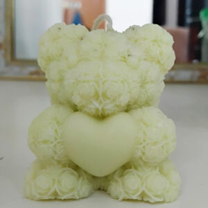 Cream Color Teddy Bear with Touch Heart Candle – Handmade Soy Wax | Dimtanma