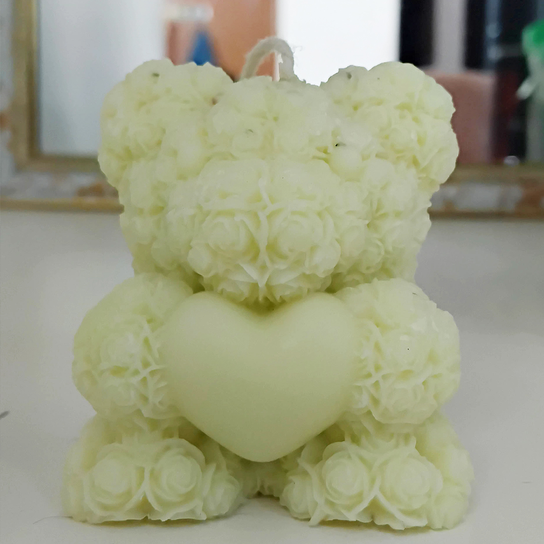 Cream Color Teddy Bear with Touch Heart Candle – Handmade Soy Wax | Dimtanma